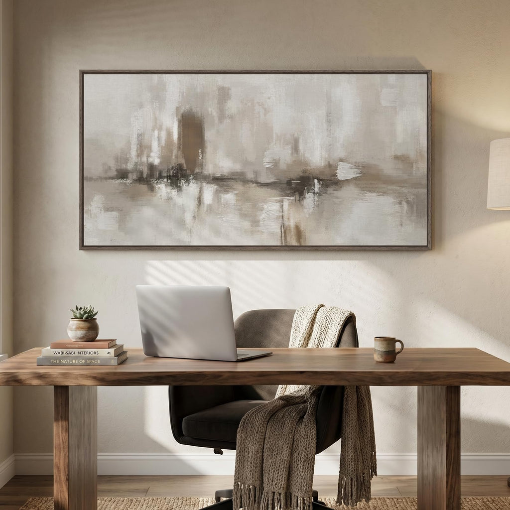 Large Framed Neutral Abstract Wall Art, Horizontal 60x30 In