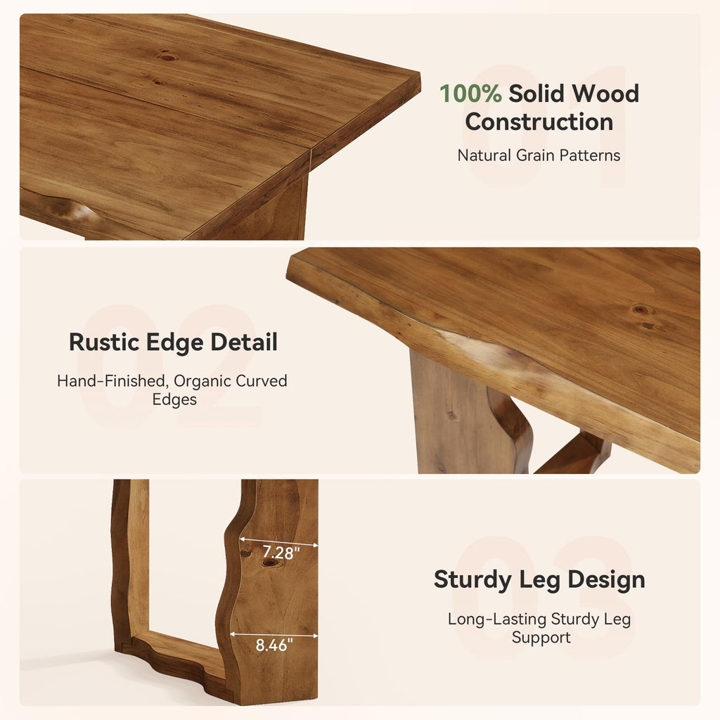 63" Live Edge Solid Wood Dining Table, Modern Rustic Kitchen Table with Sculptural Legs, 6-Person Rectangular Dinner