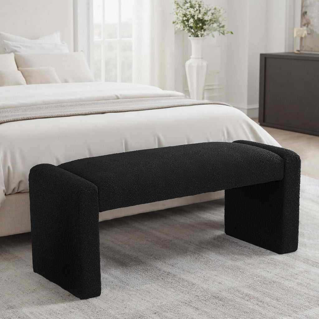 Black Entryway Bench with Solid Wood Frame, 47" Boucle Upholstered Bench | End of Bed Bench with Cushion Seat Ottoman