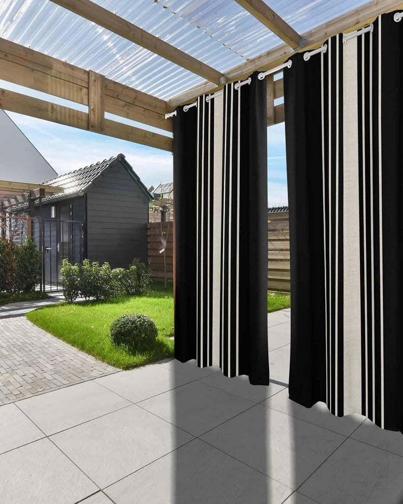 Outdoor Curtains , Black Beige Striped Waterproof Blackout Outside Curtain for Porch/Pergola/Gazebo, Modern Farmhouse