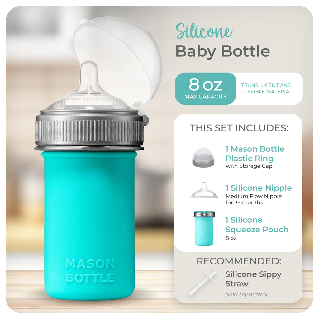 8oz Silicone Baby Bottle with Medium Flow Nipple (3+ Months) - Breastfeeding Bottle, Reusable Silicone Squeeze Pouch