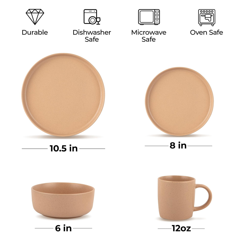 Terra Stoneware Dinnerware Set, Artisanal Ceramic Plates and Bowls Set Crafted at 2300°F - Service for 4, Terracotta