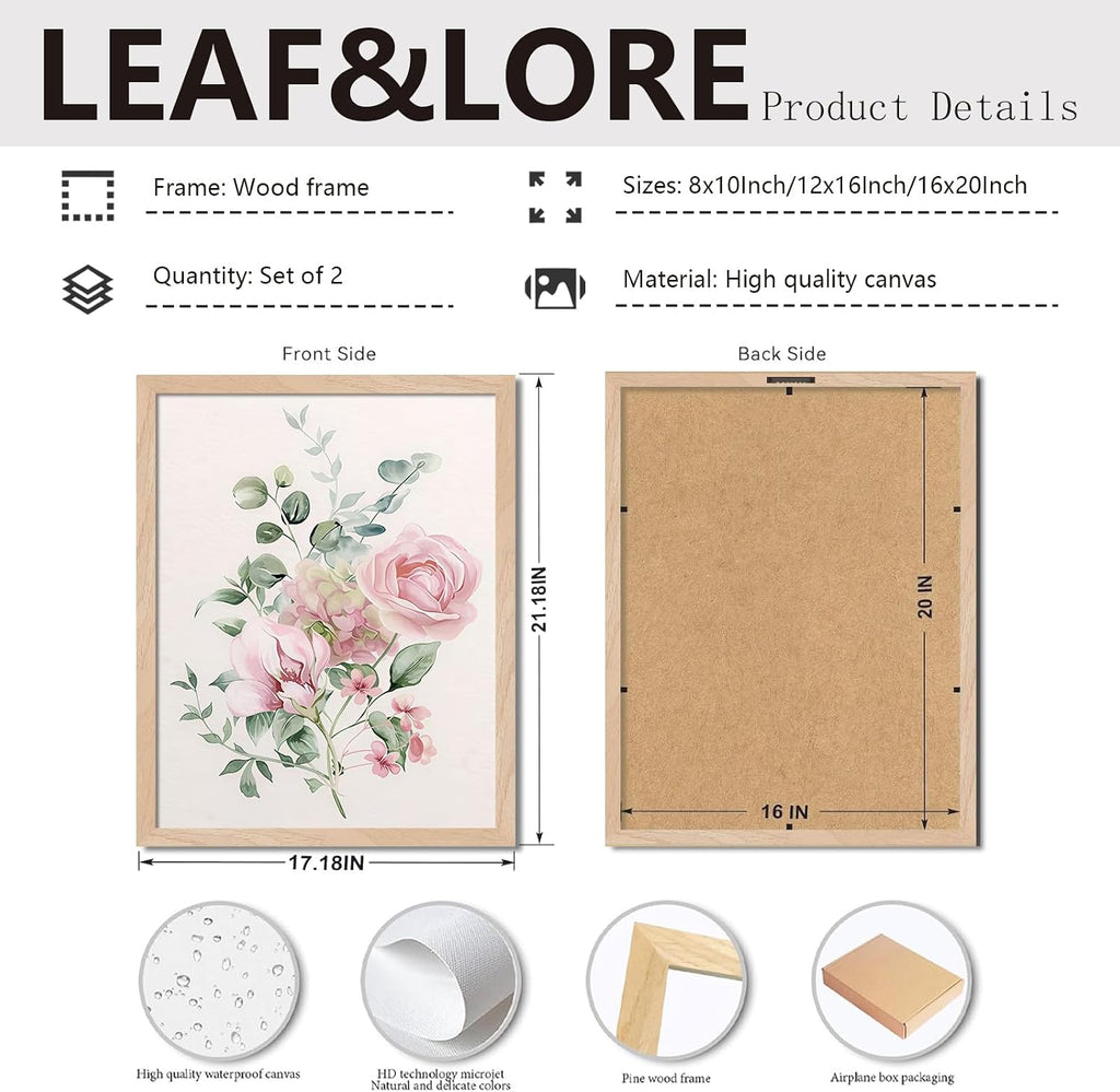 Framed Botanical Wall Art Set of 2, Pink Floral Canvas Prints with Natural Wood Frames, 8x10