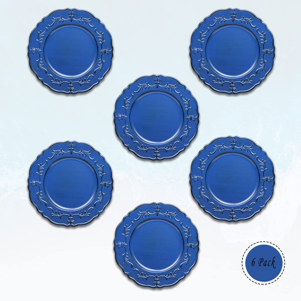 Antique Royal Blue Charger Plate, 13" Embossed Plastic Table Plate Chargers for Dinner, Set of 6 Elegant Decorations