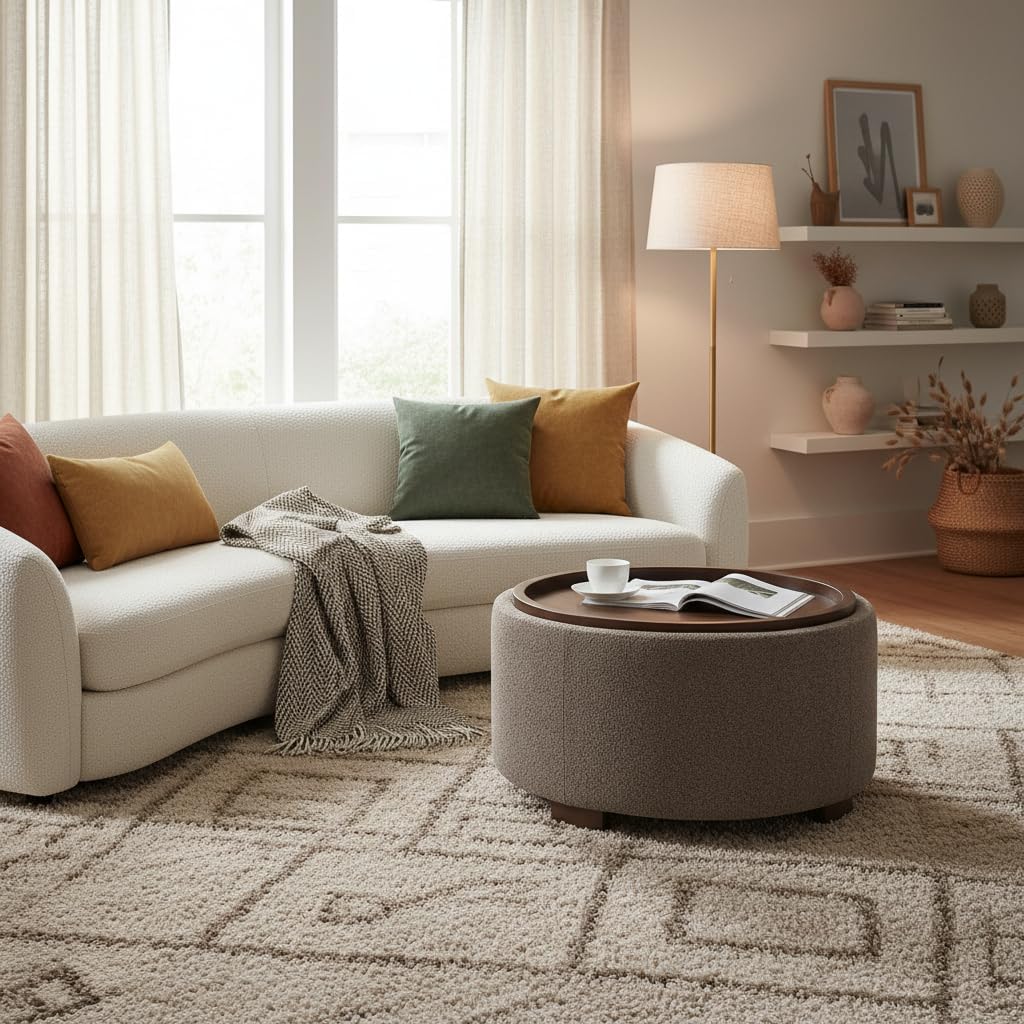 30 Inch Round Storage Ottoman, Ottoman Coffee Table with Lift Off Lid, Boucle Modern Ottomans with Storage s (Brown)