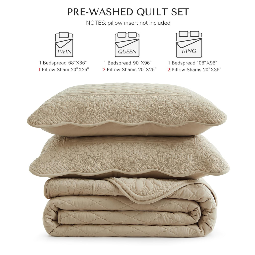 Khaki Pre-Washed Quilt Set, Embroidered Scalloped Edge Diamond Quilted Bedspread with Matching Pillow