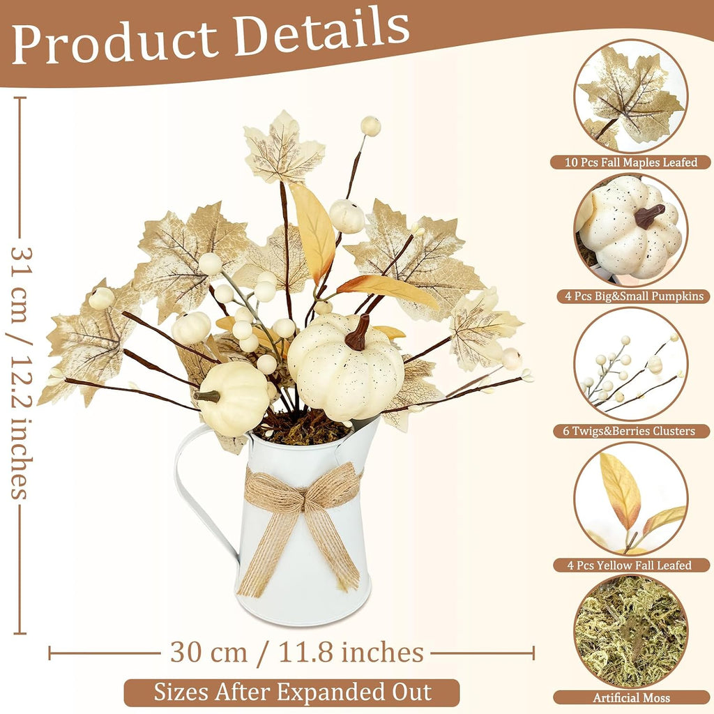 [Light & Timer] Fall Decor Table Centerpiece Potted White Maple Arrangement in Metal Pitcher Neutral Rustic