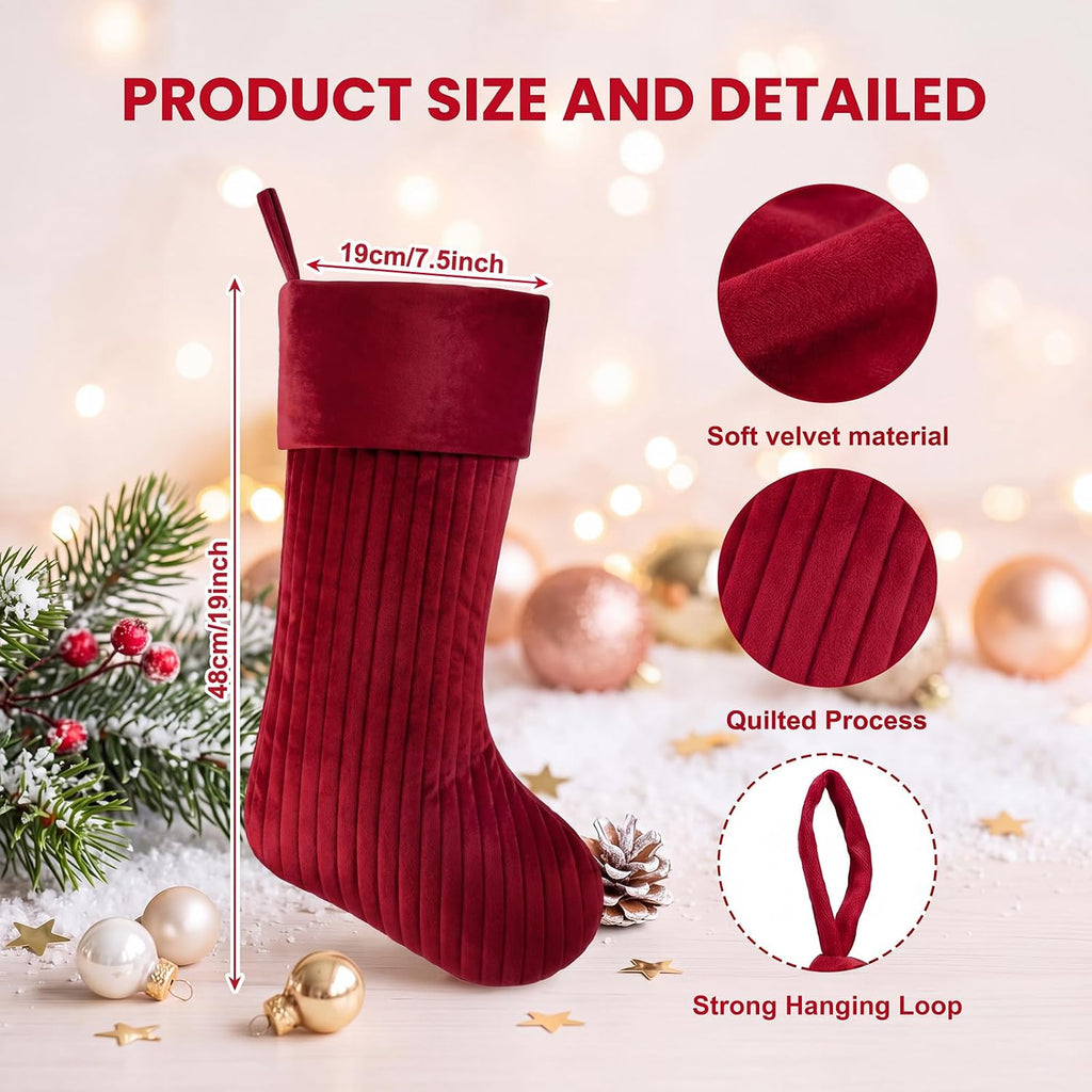 4 Christmas Stockings Set 19 Inch Velvet Quilted Stocking, Red,White