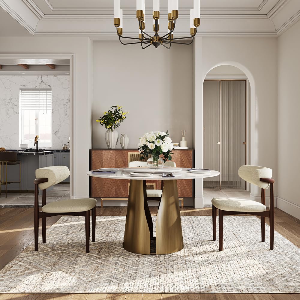 51" Round Dining Table for 4-6, Modern Round Dining Table with 23" Lazy Susan, 51" Glossy White Sintered Stonetop