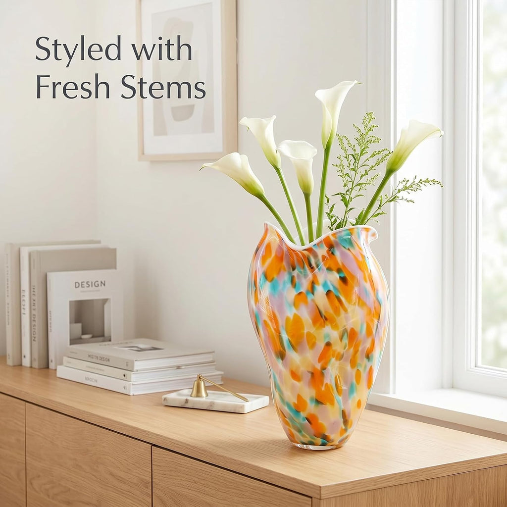 Murano Style Glass Vase, Hand Blown Decorative Art Vase with Ruffled Opening for Flowers, Shelf Tabletop Mantel
