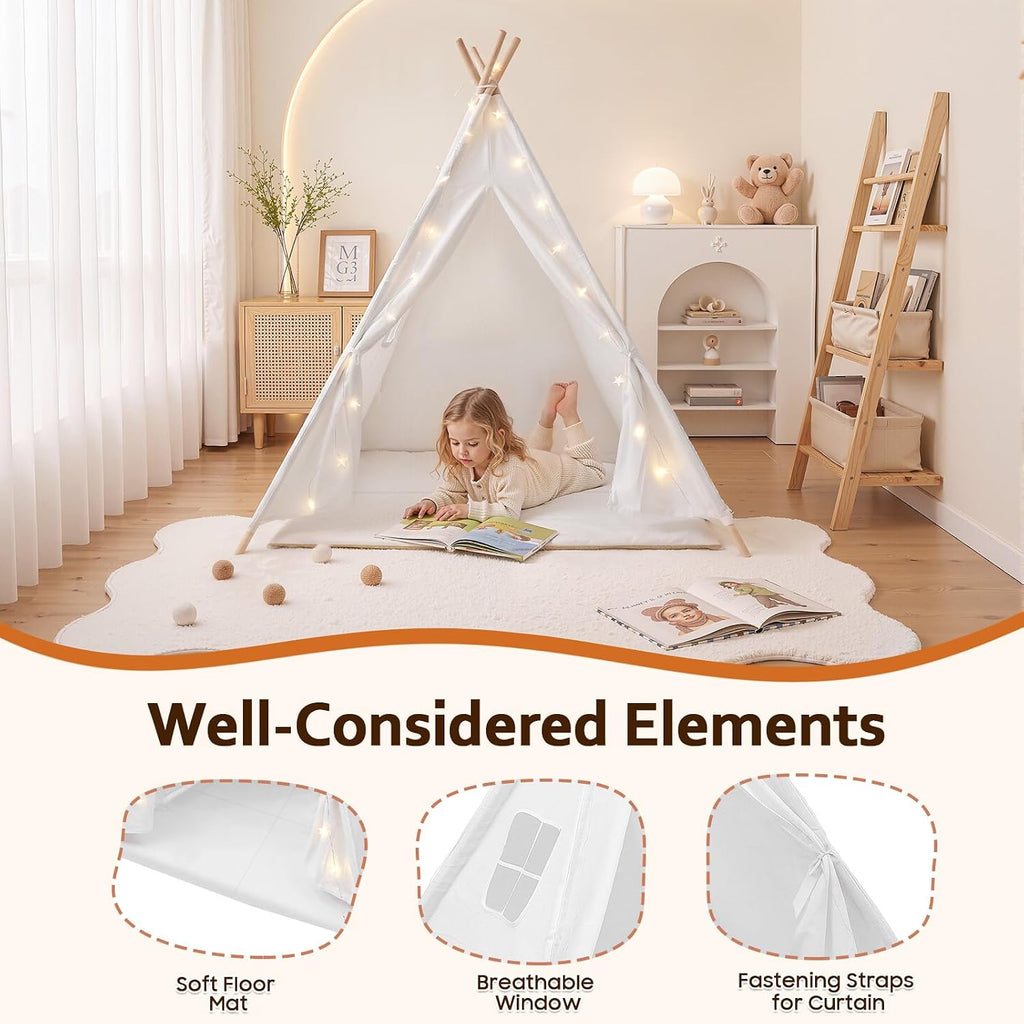 Kids Teepee Play Tent Cotton Linen with Lights for Indoor Outdoor