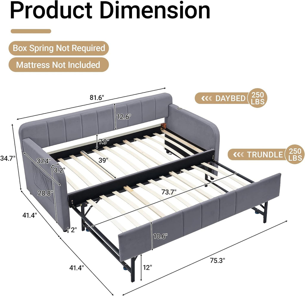 Twin Size Velvet Daybed Frame with Pop-up Trundle Bed Guest/Living Room, Space-Saving Upholstered Sofabed with USB