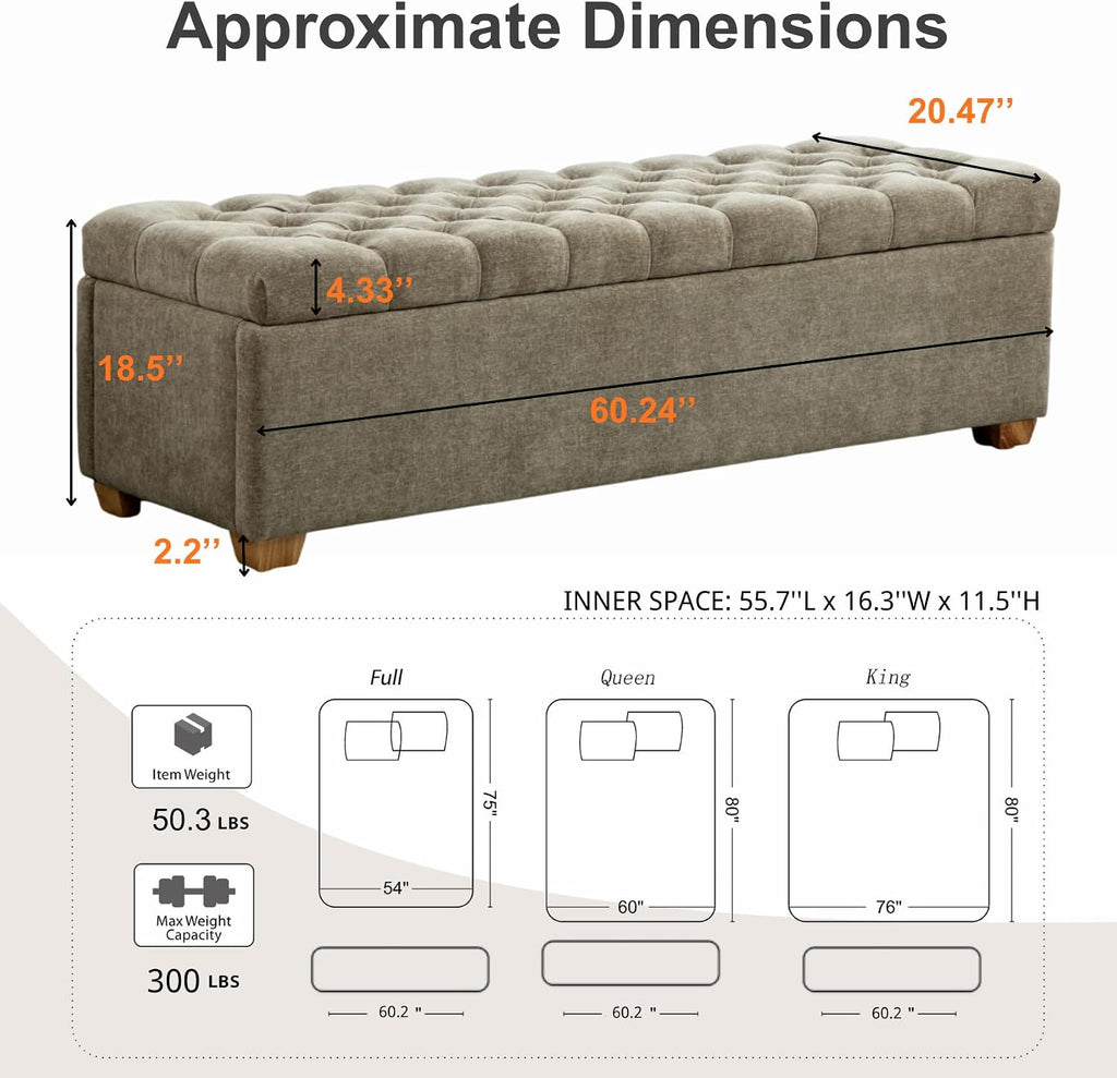 Storage Bench , 60.24'' Tufted King Size Upholstered End of Bed Bench with Wood Legs , Cloakroom, Window, Taupe.