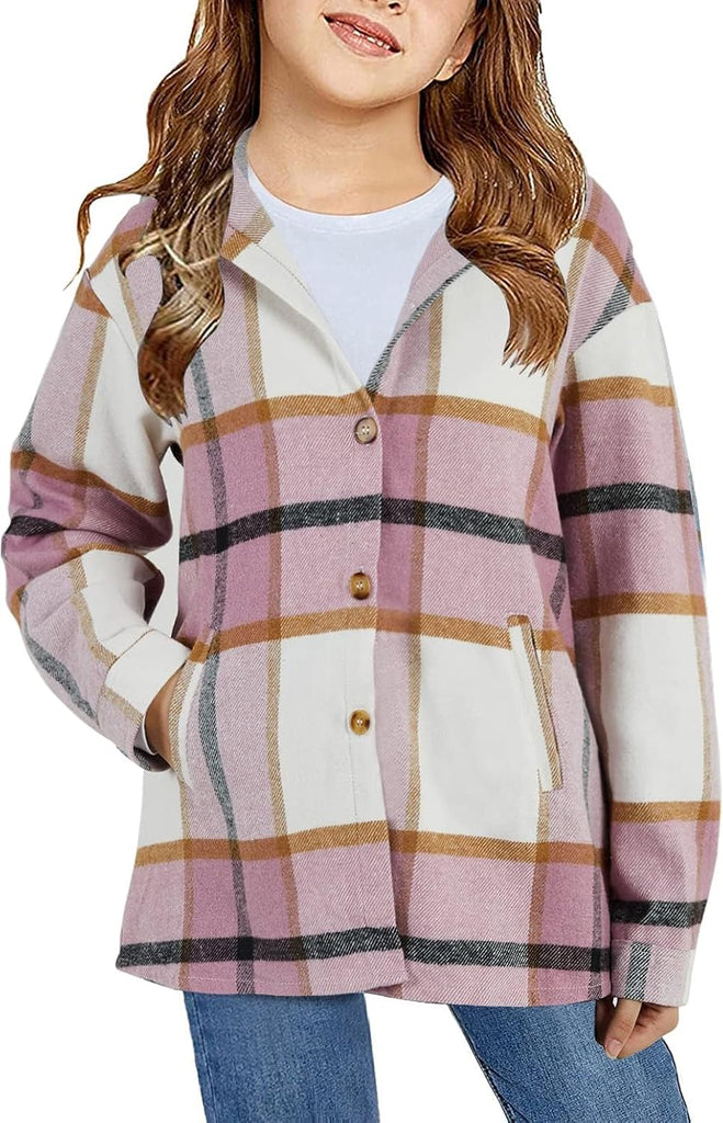 Girls Flannel Plaid Button Down Top with Pockets Long Sleeve Hooded Jackets Length Below Hip Circumference