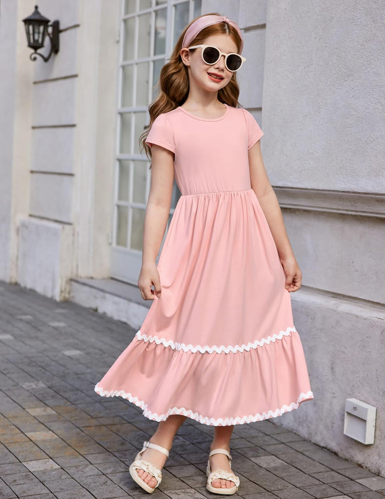 Girls Summer Maxi Dresses Short Sleeve Casual Flowy Tiered Dress