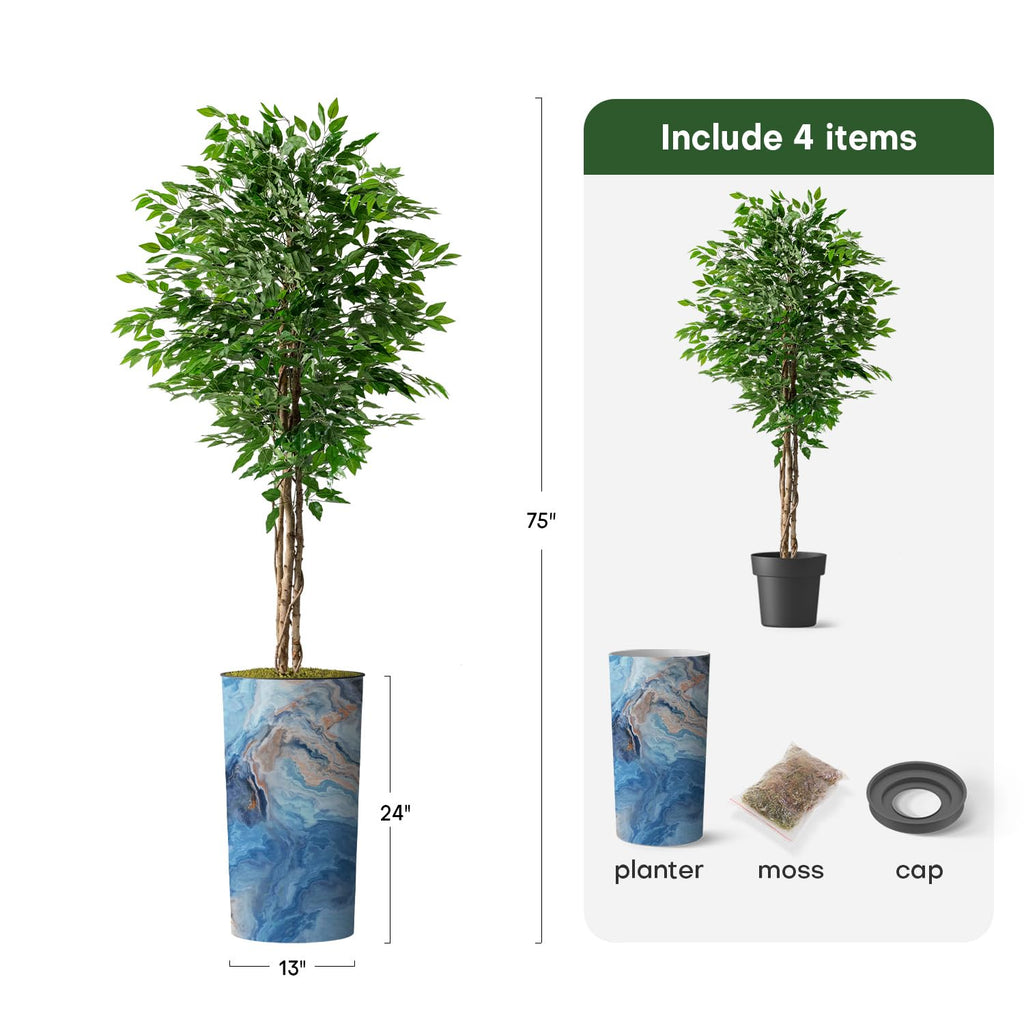 Artificial Tree in Modern Granite Effect Planter, Fake Ficus Silk Tree for Indoor and Outdoor Home Decoration - 75"