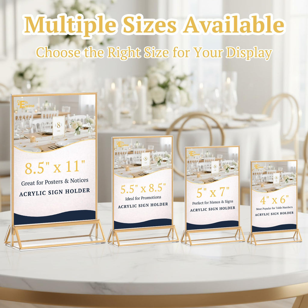 6 Pack Acrylic Sign Holder 5 x 7, Double Sided Gold Picture Frame Stand up Table Top Sign Holders, Clear Display