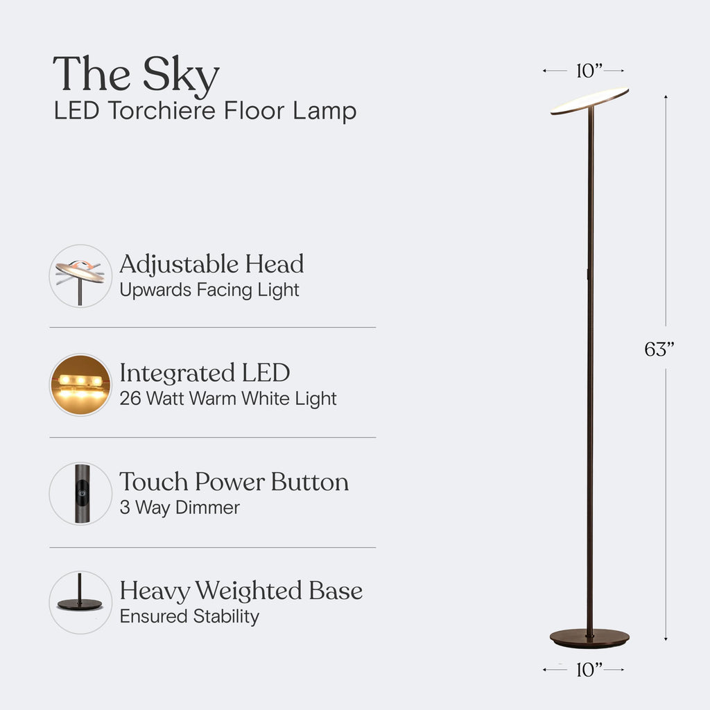 Sky LED Floor lamp, Torchiere Super Bright Floor Lamp Decor & Office - Dimmable, Tall Standing Lamp with Warm Light &