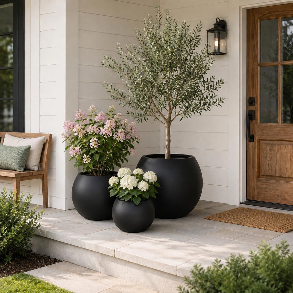 17" H x 21" Dia Modern Large Round Black Fiberstone Planter Pot with Drainage Hole, Lightweight UV-Resistant Planter