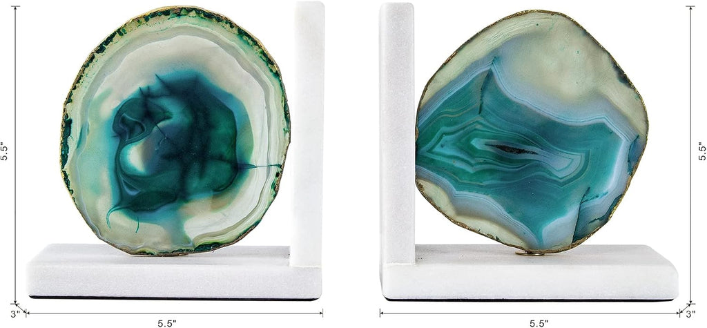 A&B Home Polished Green Agate Crystal & Marble Bookends, Stone Pair Book Ends for Heavy Books, Decorative Accents