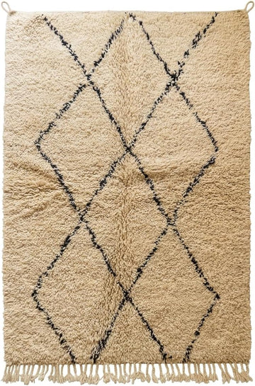 Wool Rug 5' x 7' - Handmade Berber Shag Area Rug, Beni Ourain Style, Ivory/Cream with Charcoal Ladder Diamond Pattern