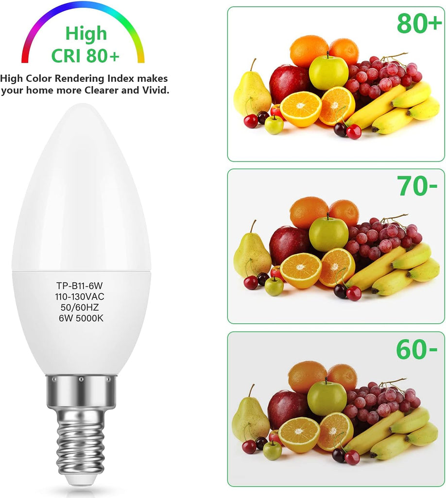 E12 Candelabra LED Bulbs 60W Equivalent, 600 Lumens 6W, 12-Pack