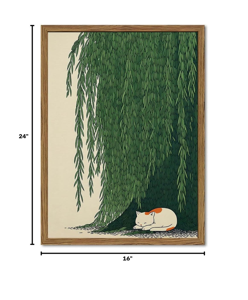 Japanese Cat Wall Art, Cat Under Willow Tree Wall Decor Painting Japan Zen Calm Poster Canvas Minimalist Animal