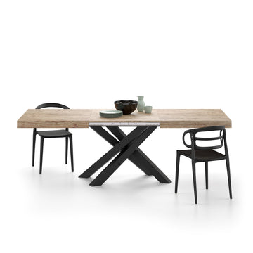Emma 63(94, 5) x35, 4 in Extendable Table, Oak with Black Crossed Legs, for 6-10 People, Expandable Dining Table
