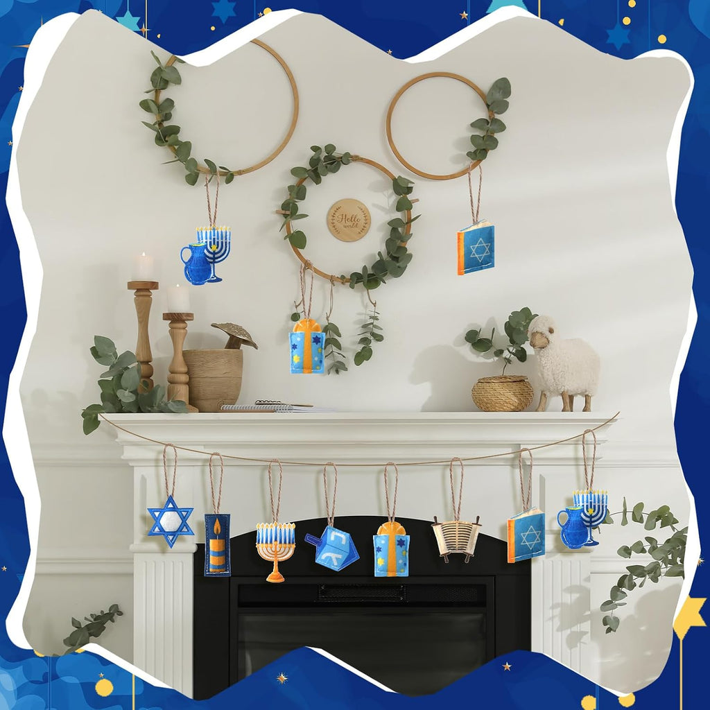 Hanukkah Tree Ornaments 3D Felt Chanukah Jewish Ornaments Dreidel Star of David Hanukkah Decorations Blue - Set of 24