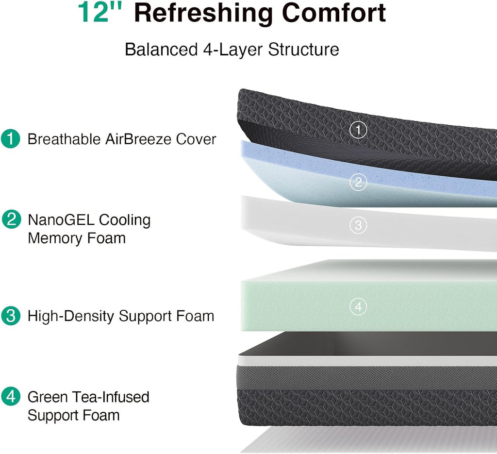 Queen Gel Memory Foam Mattress 12 Inch for Spinal Alignment | 12 Inch Queen Mattress for Responsive Support &