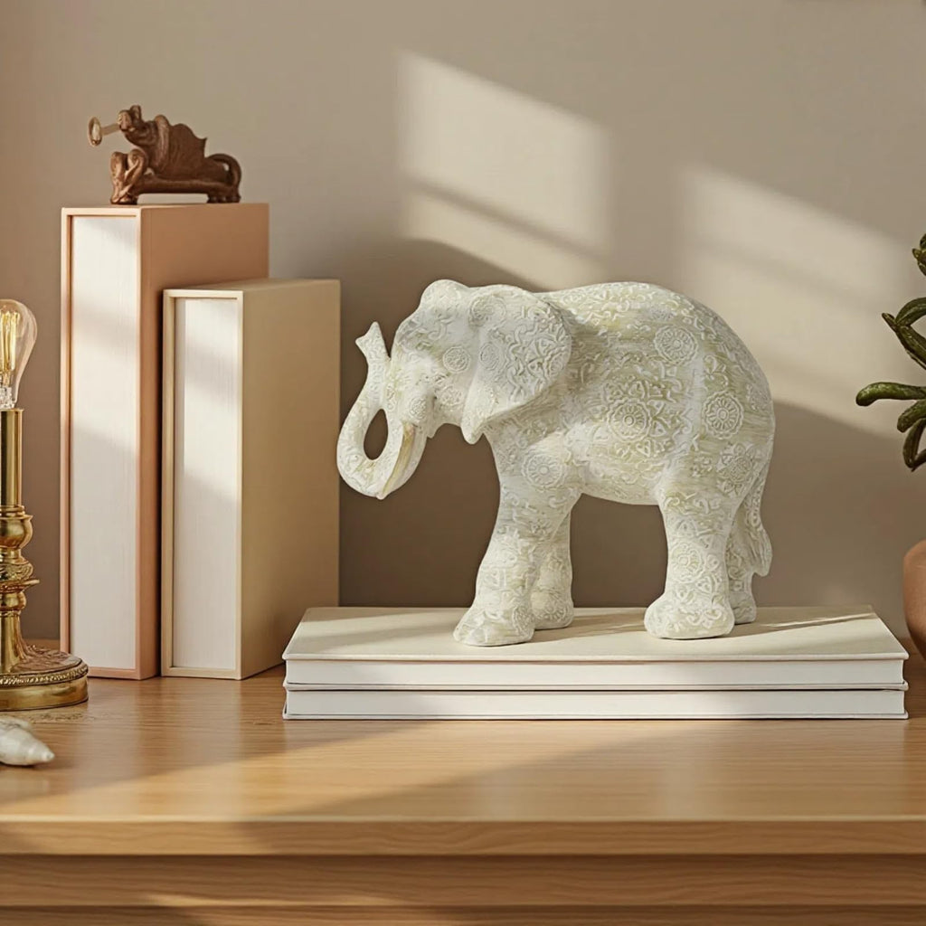Elephant Statue Decor, Cream, 7.25 x 3.25 x 5.75 Inch