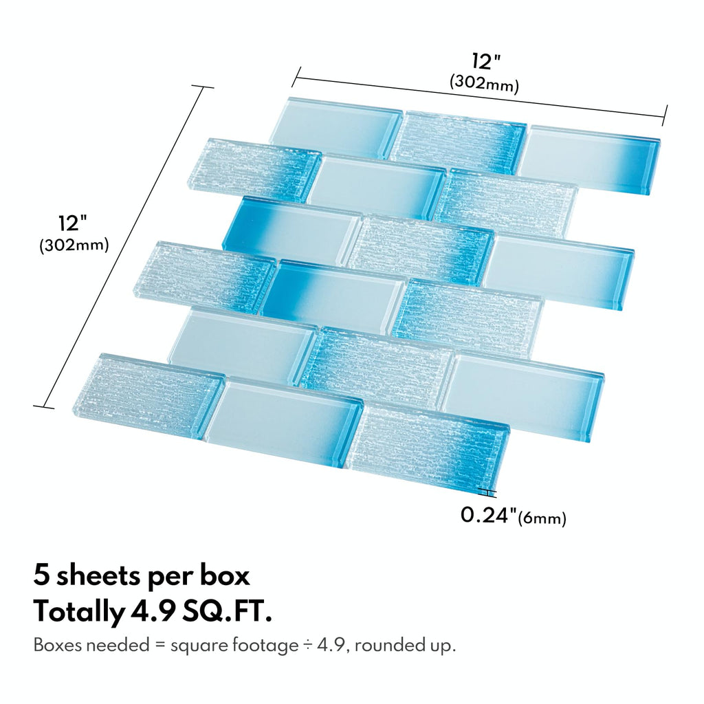 Glass Subway Mosaic Tile, Gradient Blue Backsplash, 12x12, 5 Sheets