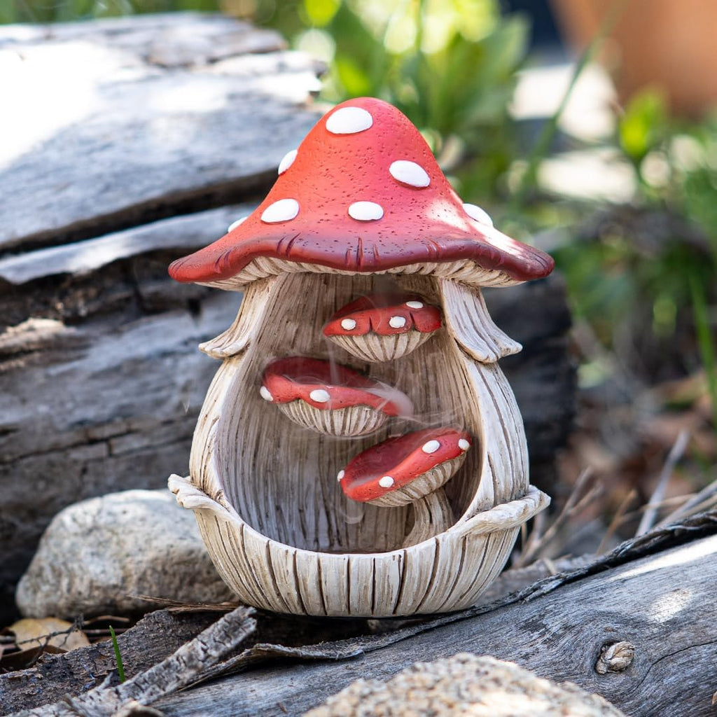 Enchanted Garden Mushroom Backflow Incense Cone Burner Red and White Spotted Toadstool Statue Decorative Figurine