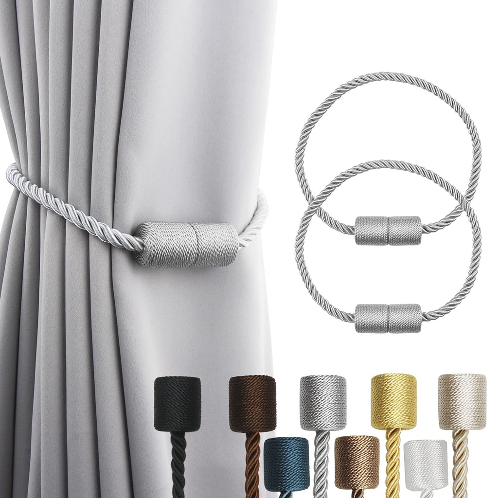 Grey Strong Magnetic Curtain Tiebacks Outdoor Elegant Decorative Tie Backs Modern Rope Tiebacks for Drapes - 2 Pack