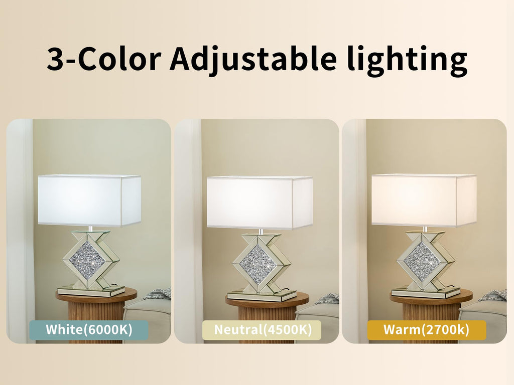 Crystal Crushed Diamond Mirrored Table Lamp, 23.6" Silver Glass Rectangular Bedside Lamp with Linen Shade, 3-Way