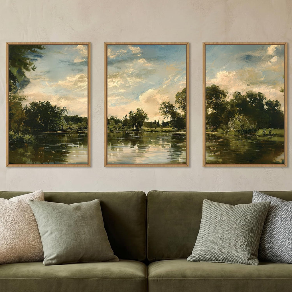 Vintage Sage Green Lake Landscape Framed Canvas Wall Art Set, Watercolor French Country Forest Wall Decor, Rustic