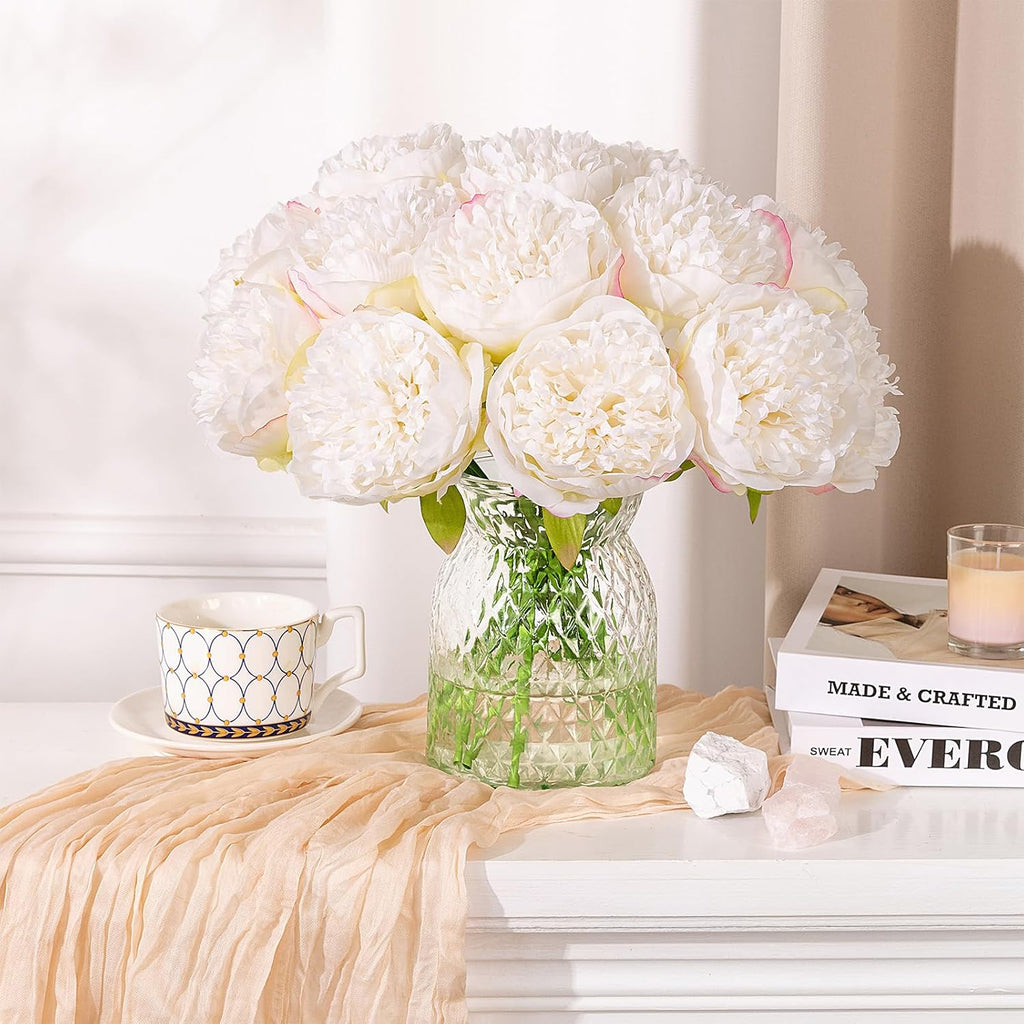 Heads Artificial Peonies Silk Flowers Bouquet Cream White - Set of 10