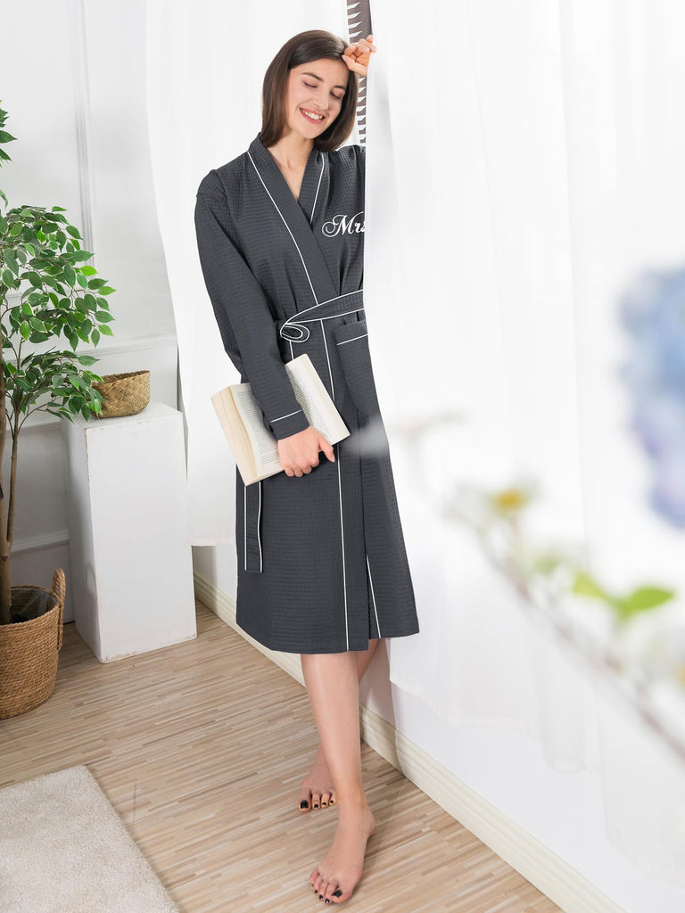 Engagement Gifts for Couples, Mr and Mrs Waffle Knit Robe, Grey