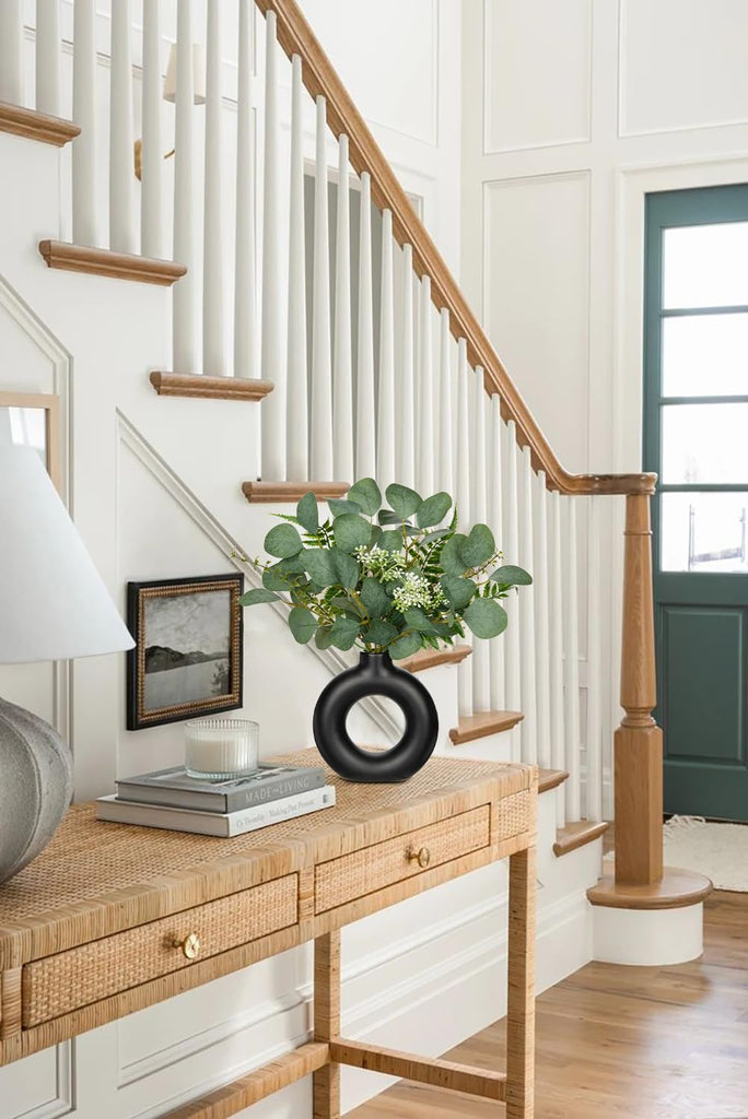 Artificial Eucalyptus Stems in Ceramic Vase 14.23" Fake Eucalyptus Plant Decor Black Donut Vase with Greenery
