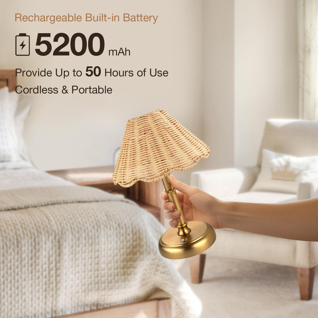Mini Cordless Boho Rattan Table lamp, 5200-mAh Rechargeable Battery, 3-Level Brightness Dimmable, Build-in Integrated