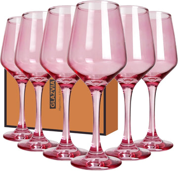 Pink Wine Glasses Set of 6, 12oz Stemmed Glasses, Thick & Colored, Dishwasher Safe Stemware for Red or White, Gift