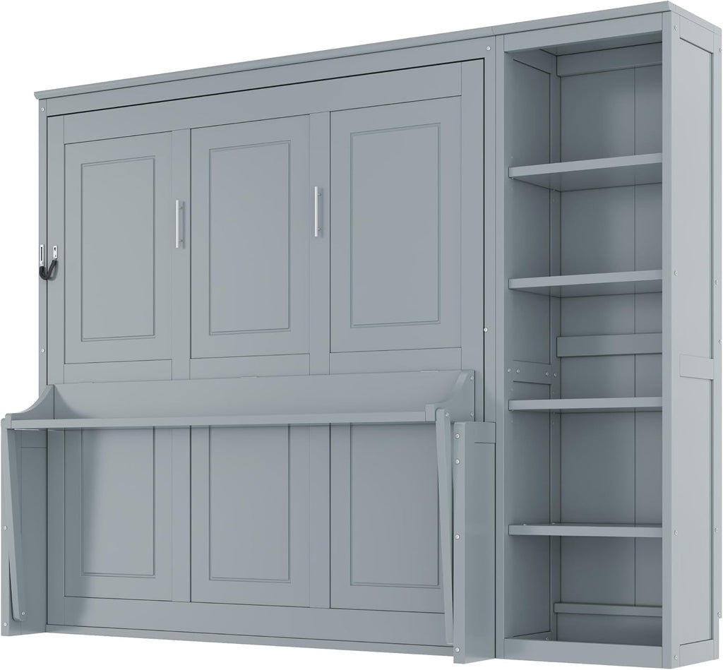 Queen Murphy Bed with Desk, Space Saving Wall Bed Queen with Bookshelf, Storage Shelves, Wood Slats, No Box Spring