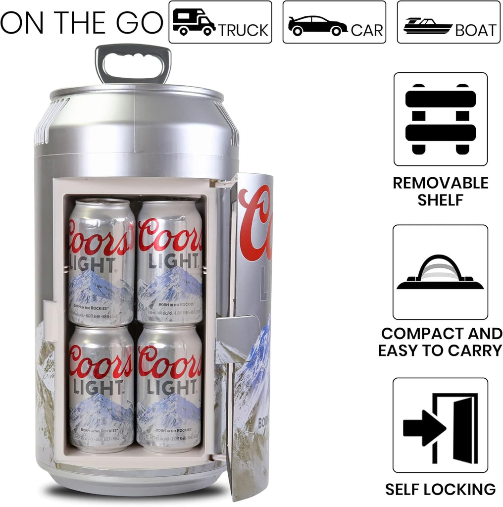 Coors Light Mini Fridge - Refrigerator for Bedroom Office, Portable Table Top Beverage Cooler, 12V 110V Refrigerador