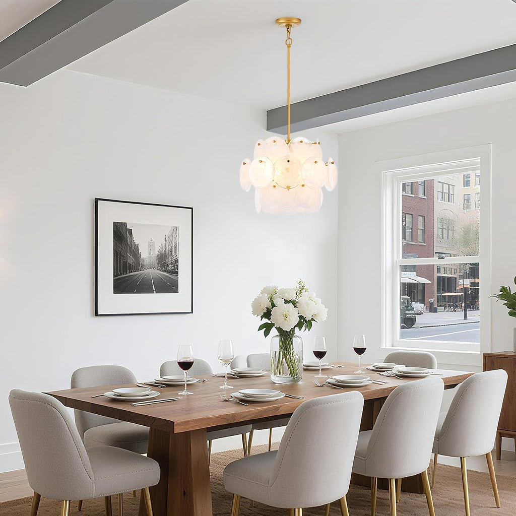 Dia 15.75 Inches Modern Glass Chandelier for Foyer, Gold Dining Room Light Fixture, Large Vintage Pendant Chandelier