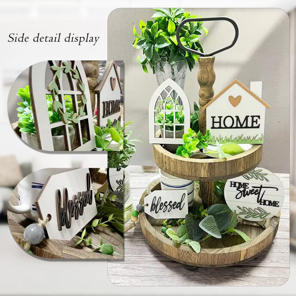 Farmhouse Tiered Tray Decor Beautiful Sweet Home Wood Sign Artificial Plant Rustic Tray Decorations - Set of 6