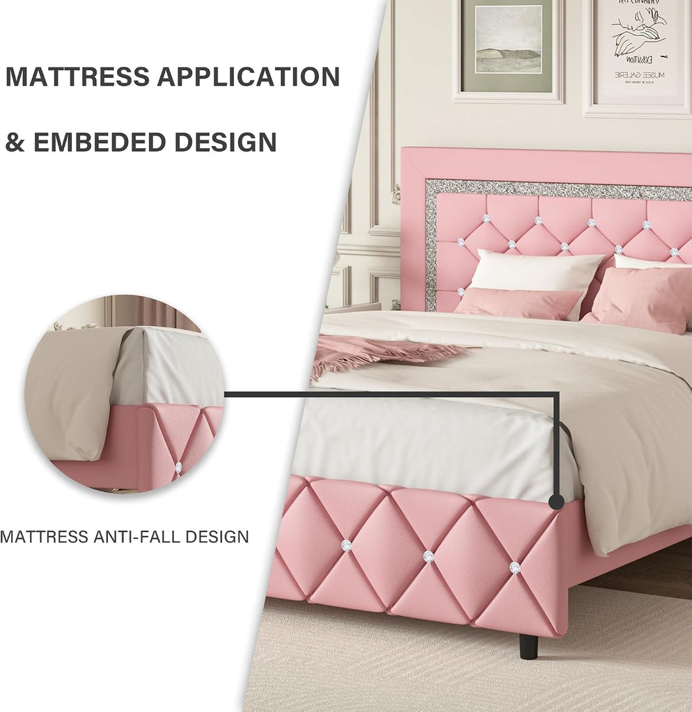 Twin Bed Frame with Headboard, Princess Twin Bed Frames for Kids | Faux Leather Upholstered Bed with Diamond Tufted