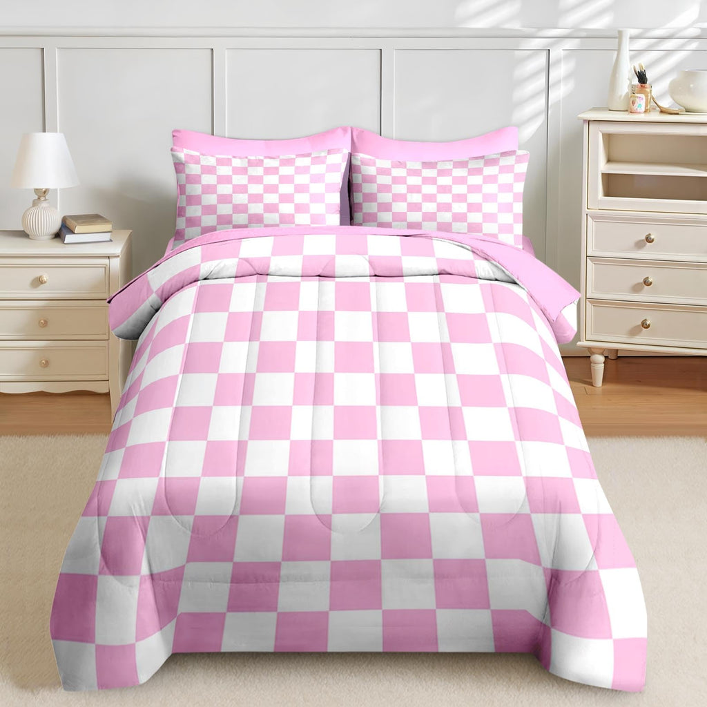 Comforter Set with Sheets, 7 Pieces Pink Plaid Bedding