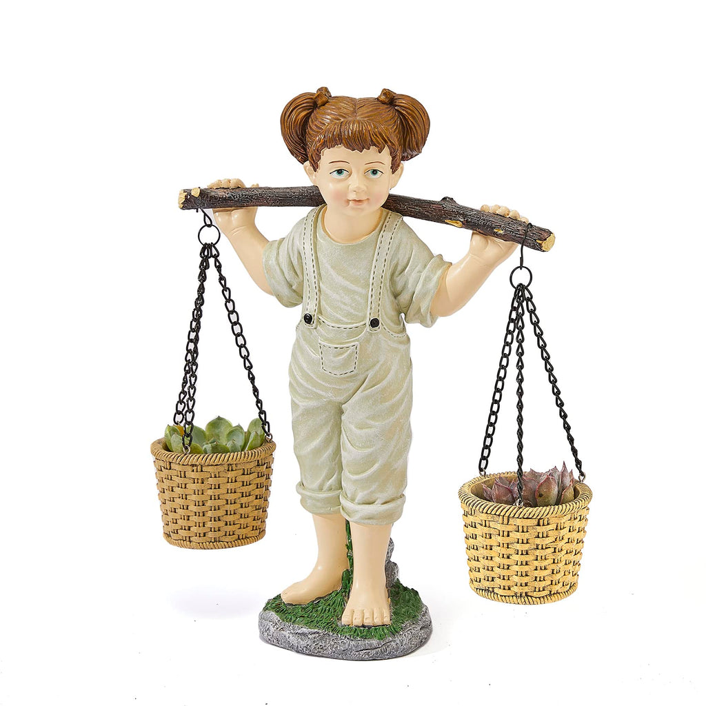 Large Flowers Girl Garden Statue In Stone, Flower & Succulent Planter, Pot Carrying Plants, Pots, Adorable Yard Decor