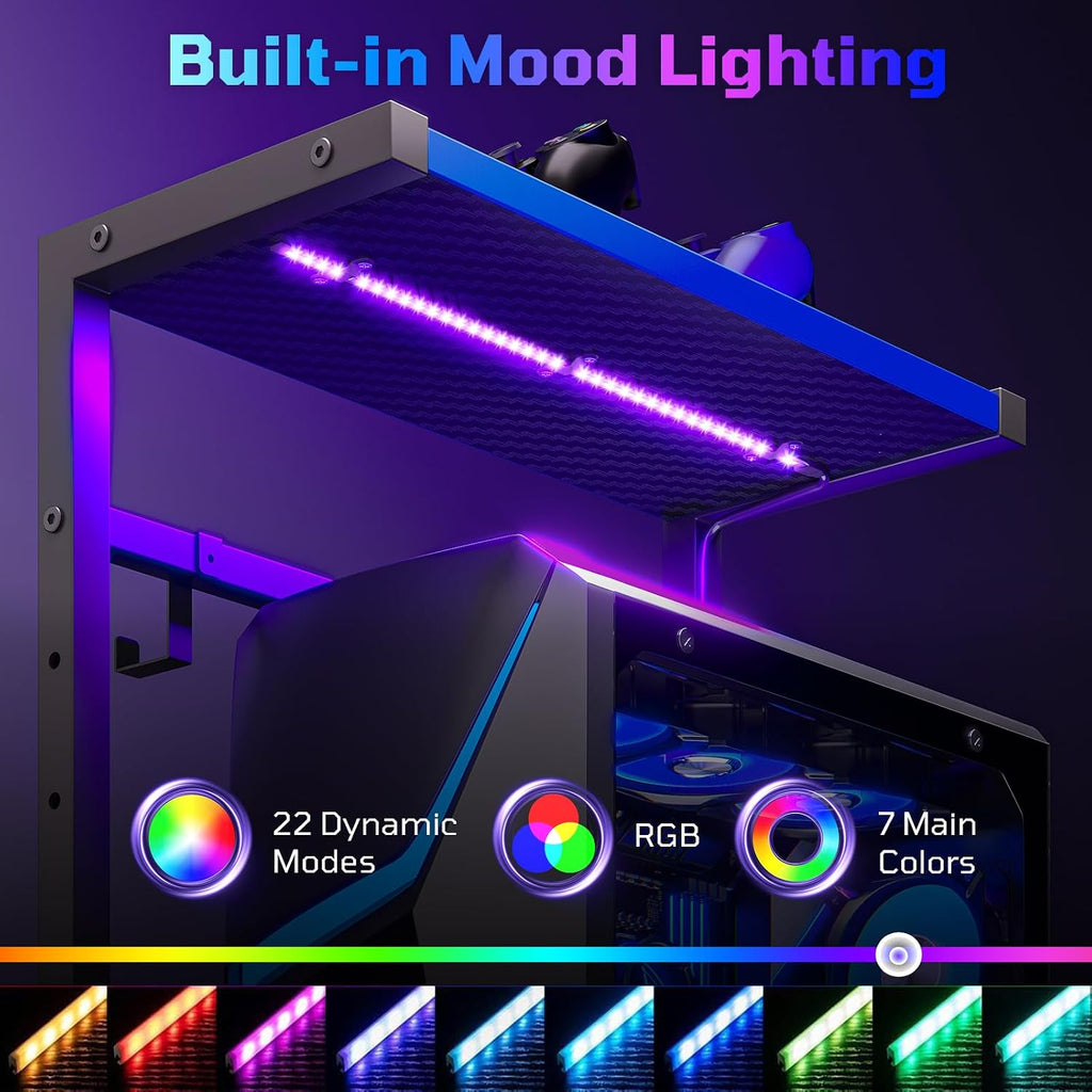 60'' Gaming Desk with LED Lights, Side Storage Bag, Black&Blue | Reversible Shelves, LED Lights, 4-Tier Storage