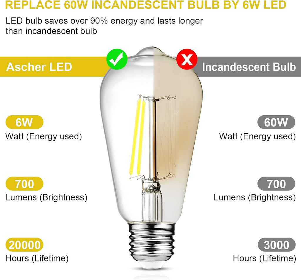 Vintage LED Edison Bulbs, 6W, Equivalent 60W, Non-Dimmable, Daylight 5000K, 700Lumens, ST58 Antique LED Filament